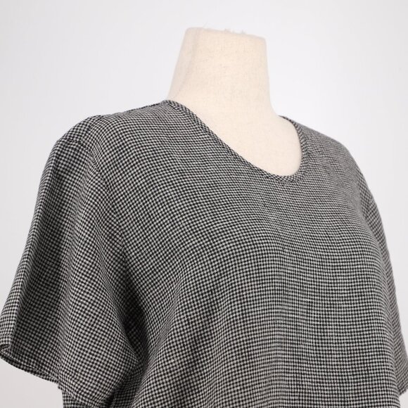 FLAX 100% Linen Gingham Micro-Check Short Sleeve Top Black/White Size M - Picture 3 of 6
